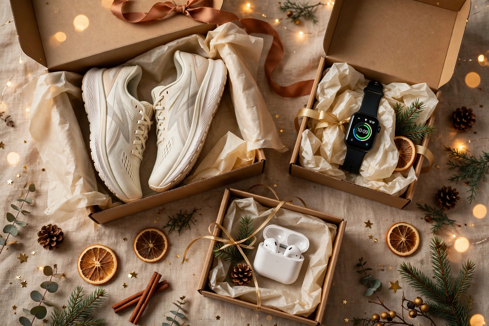 New running shoes, a smartwatch and earbuds arranged as gifts in open boxes